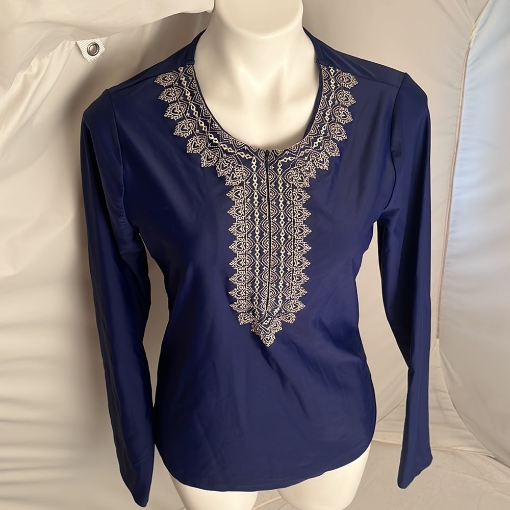 Cabana Life navy blue gold embellished neckline half zip long sleeve rash guard